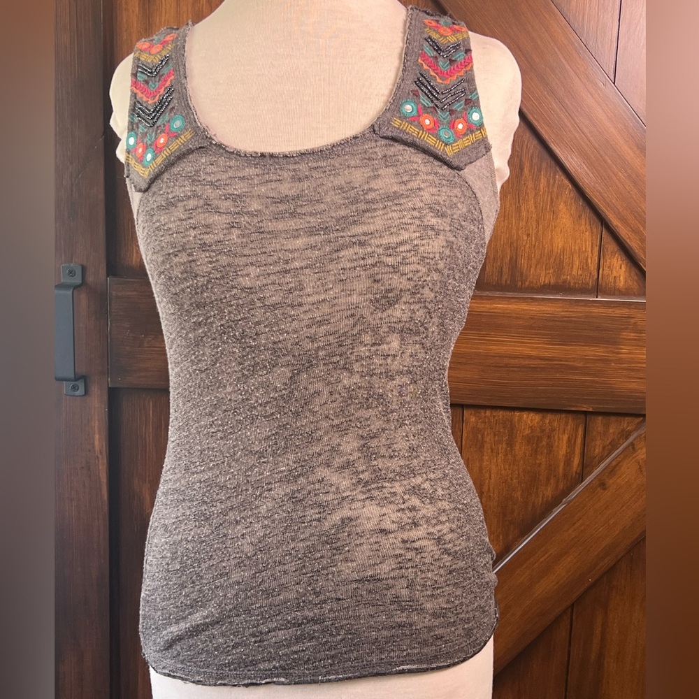 Miss‎ Me Gray Distressed Tank Top with Colorful Embroidery Women's S